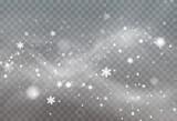 Christmas background made of falling snow blown by a strong winter wind. Isolated on transparent background. White png dust light.