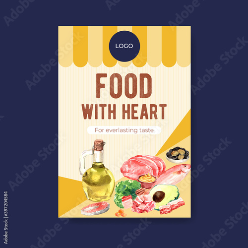 Poster template with ketogenic diet concept for advertise and brochure watercolor vector illustration.