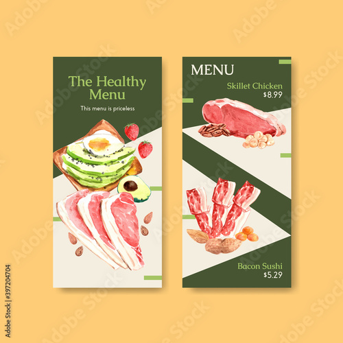 Menu template with ketogenic diet concept for restaurant and food shop watercolor vector illustration.