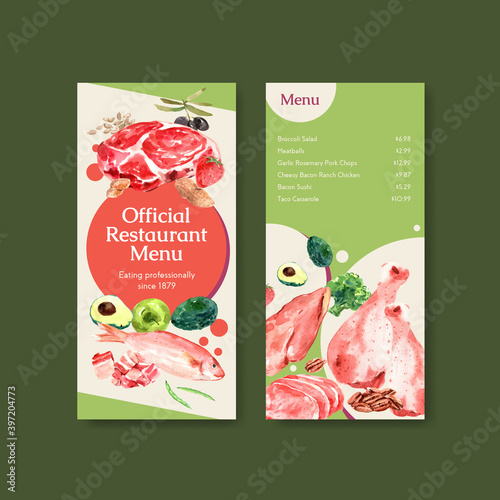 Menu template with ketogenic diet concept for restaurant and food shop watercolor vector illustration.