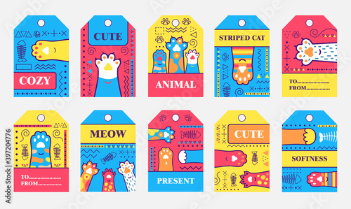 Trendy tags design with kitty paws. Bright geometric elements with greeting text and paws. Domestic animals and pets concept. Template for greeting labels or invitation card