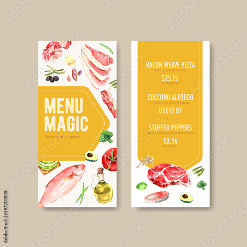 Menu template with ketogenic diet concept for restaurant and food shop watercolor vector illustration.