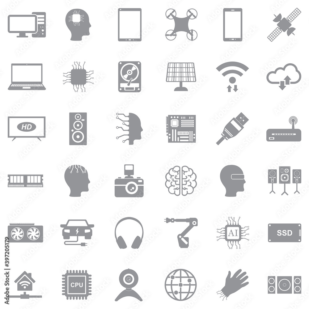 Modern Technology Icons. Gray Flat Design. Vector Illustration.