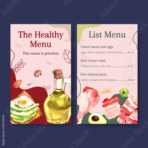 Menu template with ketogenic diet concept for restaurant and food shop watercolor vector illustration.