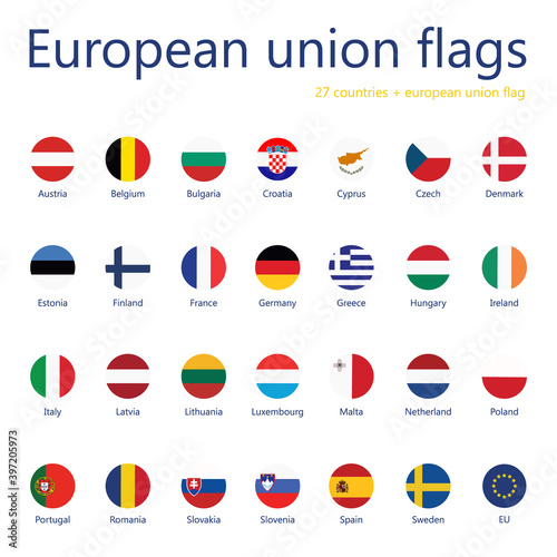 Set of european union flags with names. 27 flags+ eu flag.