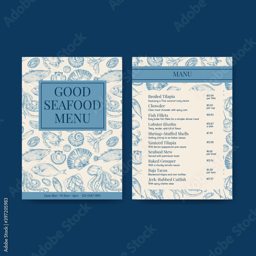 Big menu template with seafood concept design for restaurant and food shop  vector illustration