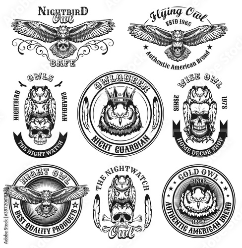 Vintage badges with owls vector illustration set. Monochrome round labels with skull, night bird and flying owl isolated on white background. Branding and animals concept for retro template