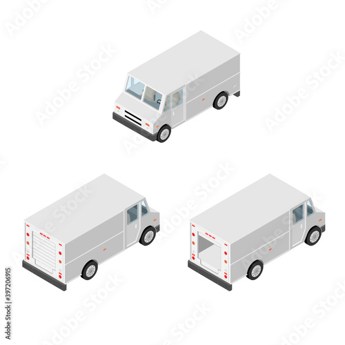 Parcel delivery truck, postal car isolated on white background