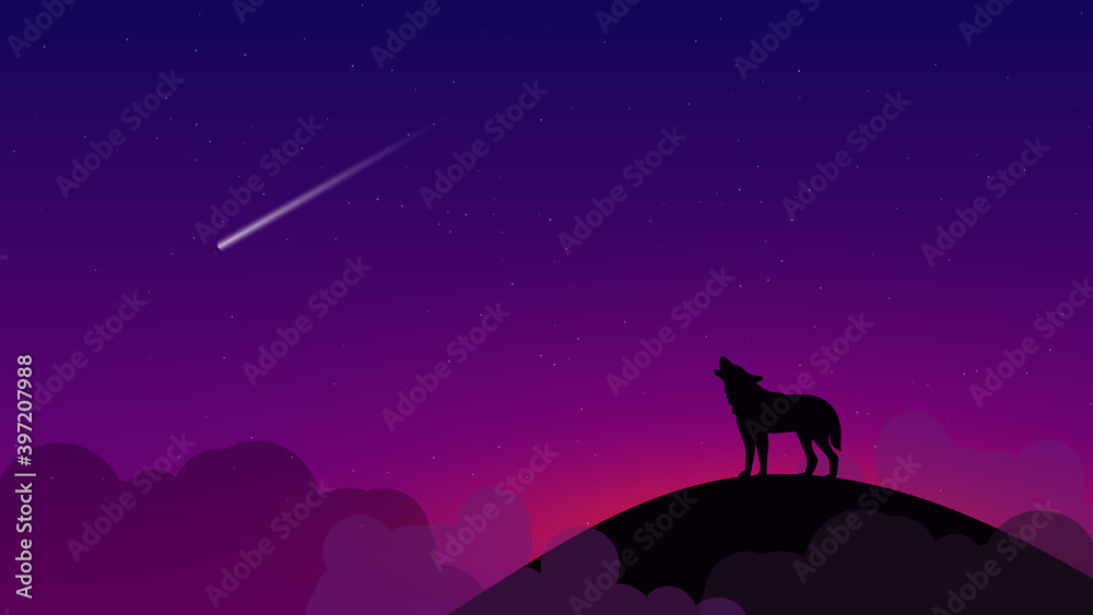 Beautiful landscape with a dark starry sky and a shooting star. On a high hill among the clouds - the silhouette of a howling wolf.