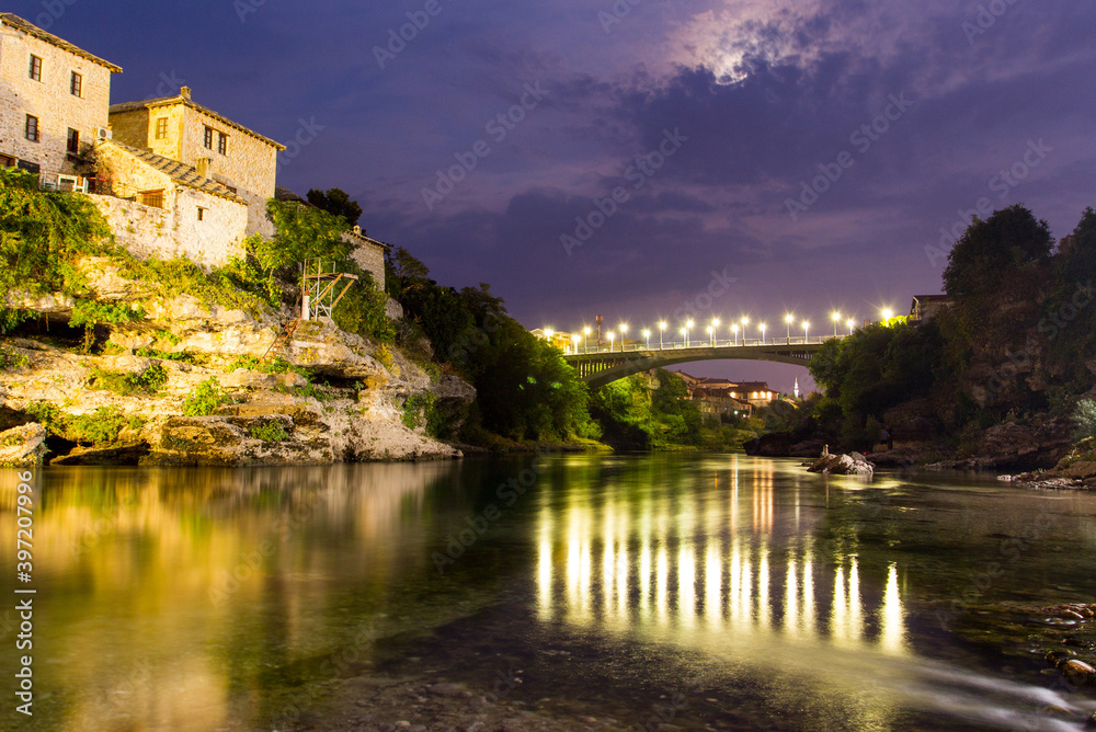 Night view of the Port Bridge in Mostar. Bosnia and Herzegovina