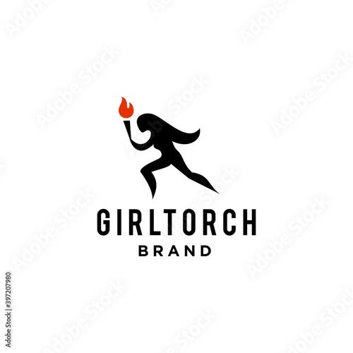 women holding fire torch vector logo icon design, athletic style running girl bring a fire stick 