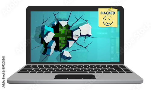 Silver broken laptop hacked by hacker with screen flying into fragments. Computer security, reliability of data storage in network. Installation of security programs. Vector