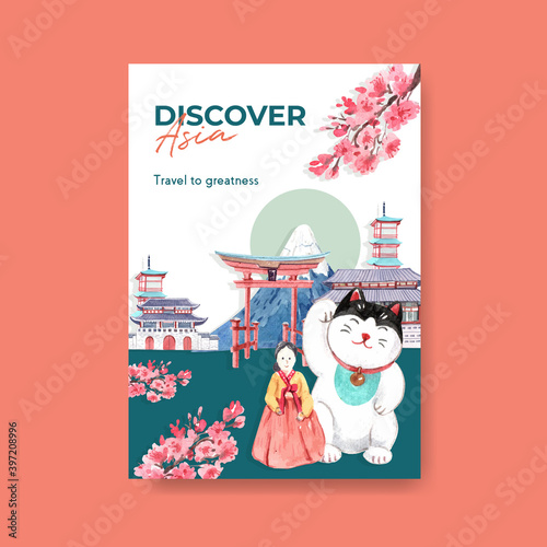 Poster template with Asia travel concept design for brochure and marketing watercolor vector illustration