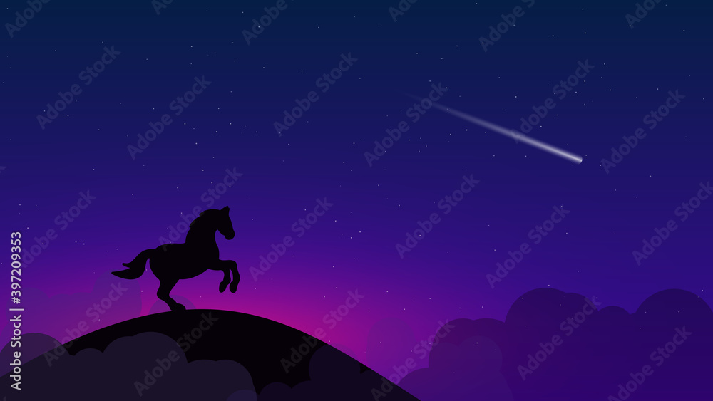 Beautiful landscape with a dark starry sky and a shooting star. On a high hill among the clouds - the silhouette of a horse standing on its hind legs.