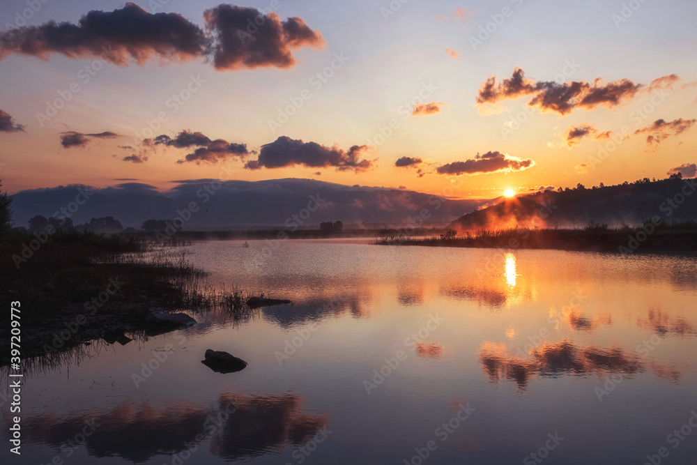 sunrise over the lake,  Koprinka Dam, Bulgaria,river Tundzha
