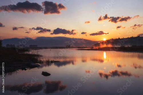 sunrise over the lake   Koprinka Dam  Bulgaria river Tundzha