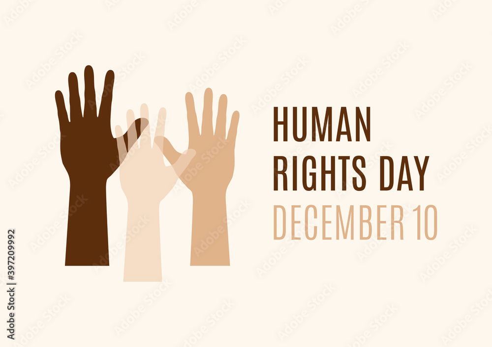 Human Rights Day Poster with raised hands vector illustration. Raised hands vector. Human hands with different skin colors silhouette icon vector. Human Rights Day Poster, December 10. Important day