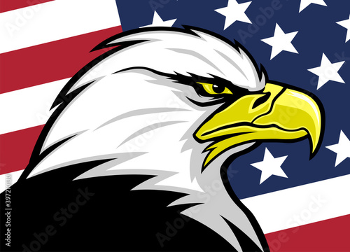Illustration of American eagle with USA flag background.