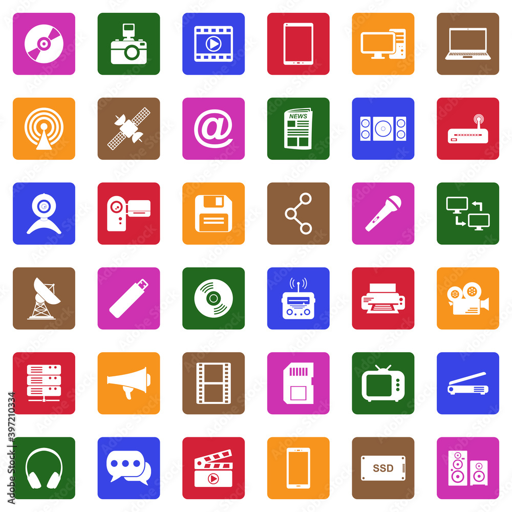 Media Icons. White Flat Design In Square. Vector Illustration. Media Icons. White Flat Design In Square. Vector Illustration.