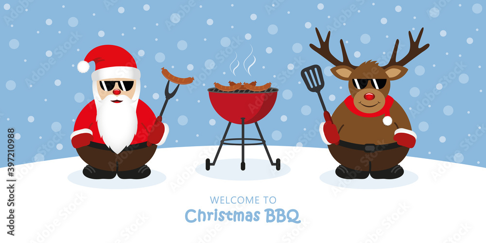 cute santa claus and deer with sunglasses at christmas bbq vector illustration EPS10 cute santa claus and deer with sunglasses at christmas bbq vector illustration EPS10