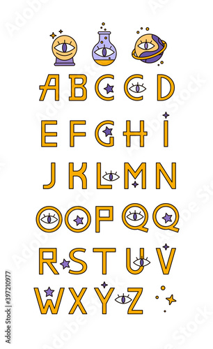 Esoteric font and icon set. Unusual alphabet. Letters for mobile applications for fortune telling, astrologers and tarot reading.  Religion, spirituality, occultism, magic, alphabet.