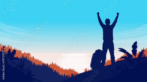 Ecotherapy - Silhouette of male person with arms in air enjoying trip in nature. Landscape sea and blu sky in background. Vector illustration.