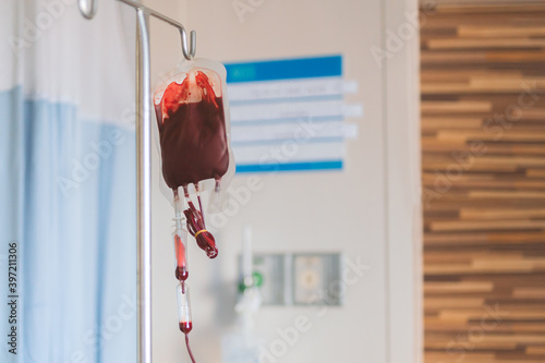 Blood transfusion in medicine patient in hospital.