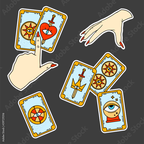 Logo for a tarot reader, print for souvenirs, a set of drawings about tarot card. Fortune telling on tarot cards, fortuneteller, witch, female hand, magic, love spell, occultism, prediction, esoteric