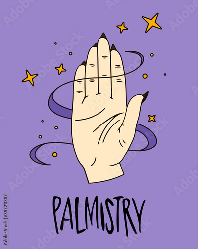 Halloween illustration. Astrological forecast, horoscope, palmistry, stars, icons for chiromancy, fortuneteller, witch, female hand with black nails, magic, occultism, prediction