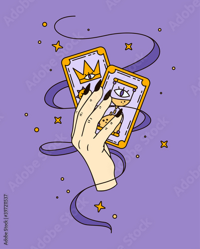 Logo for a tarot reader, print for souvenirs, a set of drawings about tarot card. Fortune telling on tarot cards, fortuneteller, witch, female hand, magic, love spell, occultism, prediction, esoteric