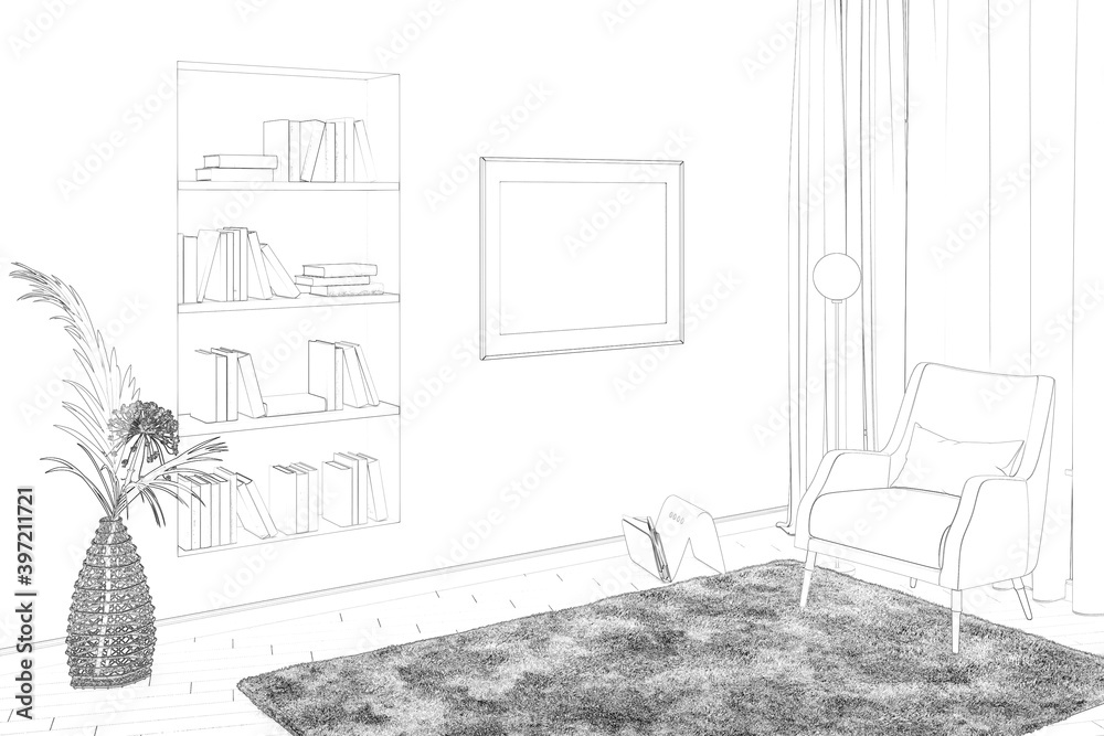 Sketch of a room with a horizontal poster between niche with books, a vase of dried flowers and armchair, floor lamp, curtains on the window. There is a fluffy carpet on the tiled floor. 3d render