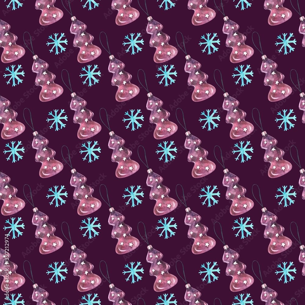 Watercolor Christmas pattern on a dark background. Purple christmas tree toy and blue snowflakes. Watercolor Christmas pattern on a dark background. Purple christmas tree toy and blue snowflakes.