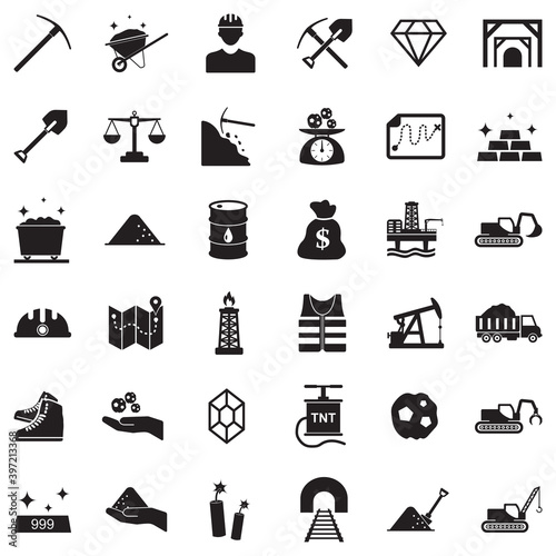 Mining Icons. Black Flat Design. Vector Illustration.