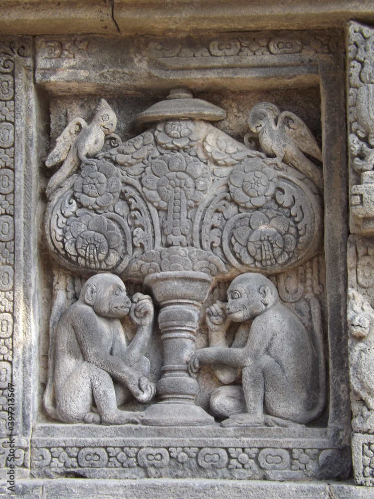 Beautiful relief on Prambanan temple, telling about the life in that era. Prambanan or Rara Jonggrang temple is Hindu temple in Special Region of Yogyakarta, Indonesia. 