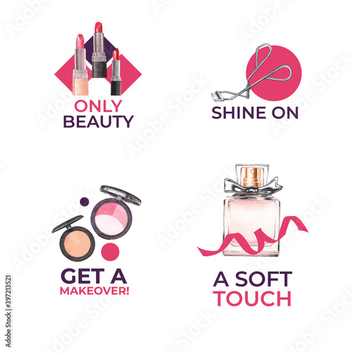 Logo design with makeup concept for branding and marketing watercolor vector illustration.