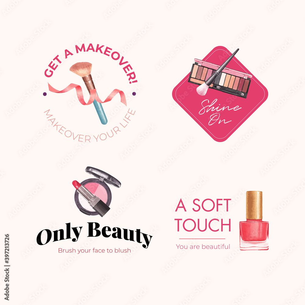 Fototapeta premium Logo design with makeup concept for branding and marketing watercolor vector illustration.