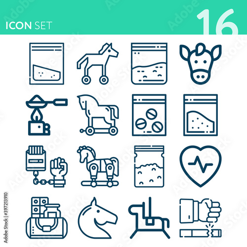 Simple set of 16 icons related to heroin