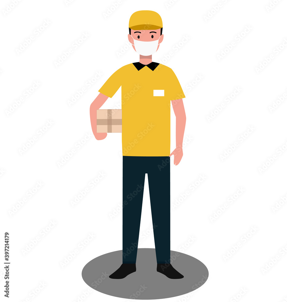 A delivery man is standing in medical protective mask with a parcel A delivery man is standing in medical protective mask with a parcel