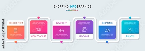Concept of shopping process with 6 successive steps. Six colorful graphic elements. Timeline design for brochure, presentation, web site. Infographic design layout.