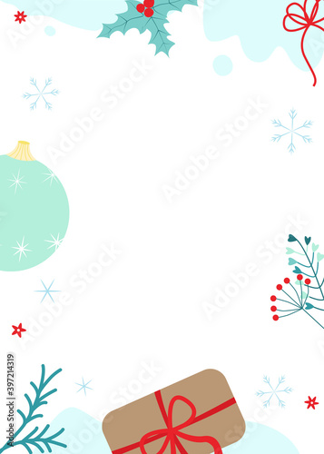 Vector illustration with christmas ball, present, berries and place for text. For greeting card and party invitation, poster or cover, package, advertising, post in social media or mailing, banner.