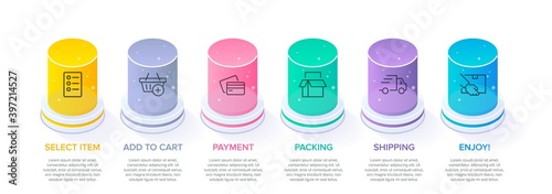 Concept of shopping process with 6 successive steps. Six colorful graphic elements. Timeline design for brochure, presentation, web site. Infographic design layout.