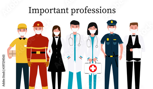 International Labor Day. Set people characters actual important professions covid 19. Coronavirus pandemic, epidemic. Flat cartoon modern illustration concept for banner, poster, layout.