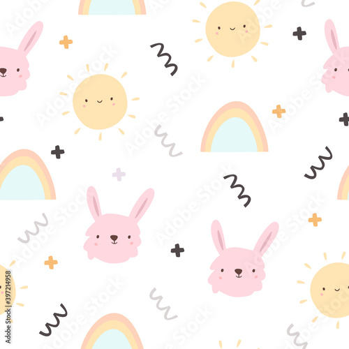 cute seamless pattern with cute bunnies rainbow and sun