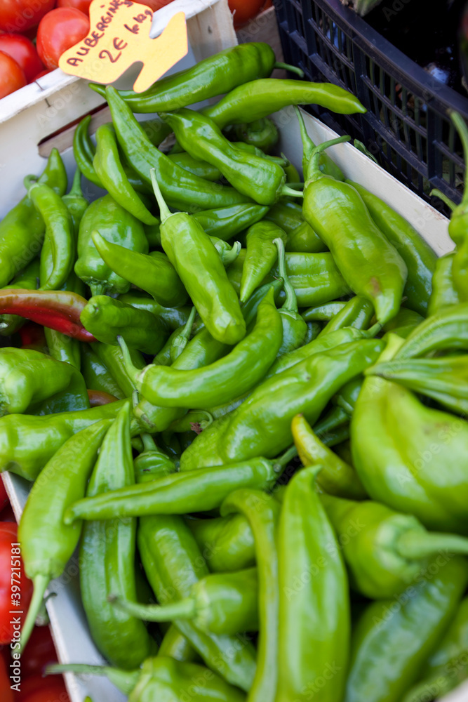 Close-up of green chili pepper in store