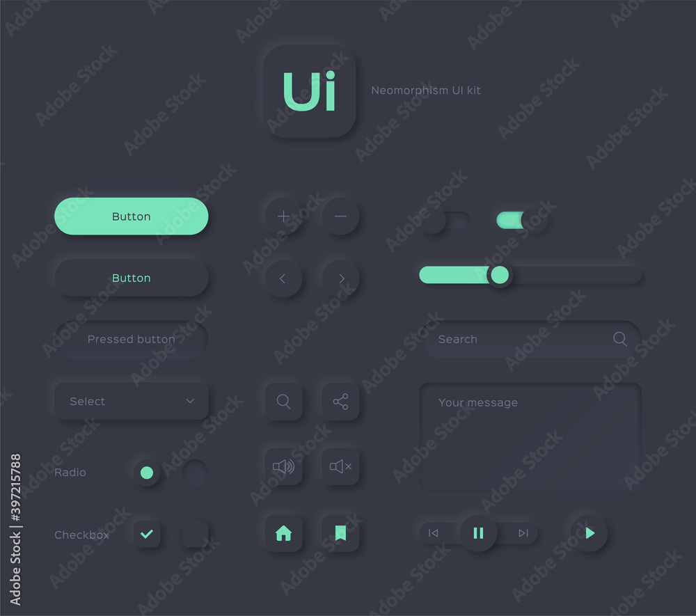 Neumorphic black ui kit, neumorphism style design elements
