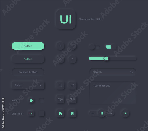 Neumorphic black ui kit, neumorphism style design elements