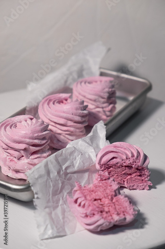 Wallpaper Mural Pink strawberry homemade zephyr or marshmallow in a rectangular oleum plate, two halves Torontodigital.ca