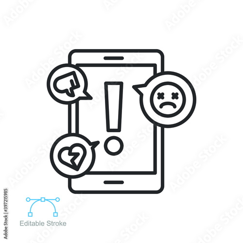 cyber bullying line icon. Abuse, internet harassment warning, hate, bully, social media insult. Sad face of online gossip victim. Editable stroke vector illustration design on white background EPS10