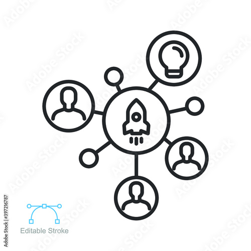 Startup hub line icon. Rocket launch and networking group for business start up incubator. Online crowdfunding, entrepreneurship. editable stroke vector illustration. design on white background EPS 10