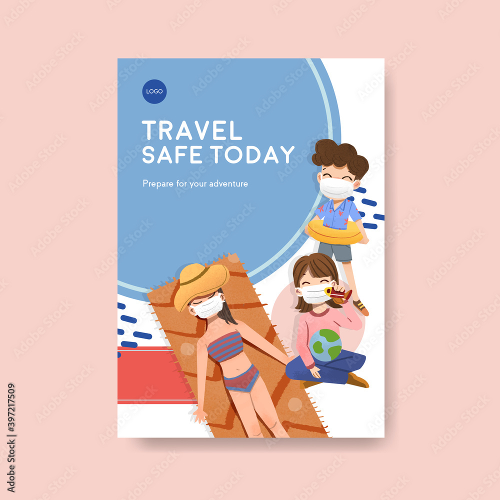 Fototapeta premium Poster template with COVID-19 prevention concept design for new normal lifestyle watercolor vector illustration.